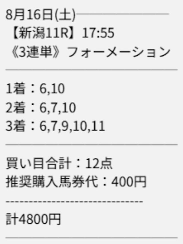 ディギン競馬の有料予想「血統クロニクル」の買い目画像