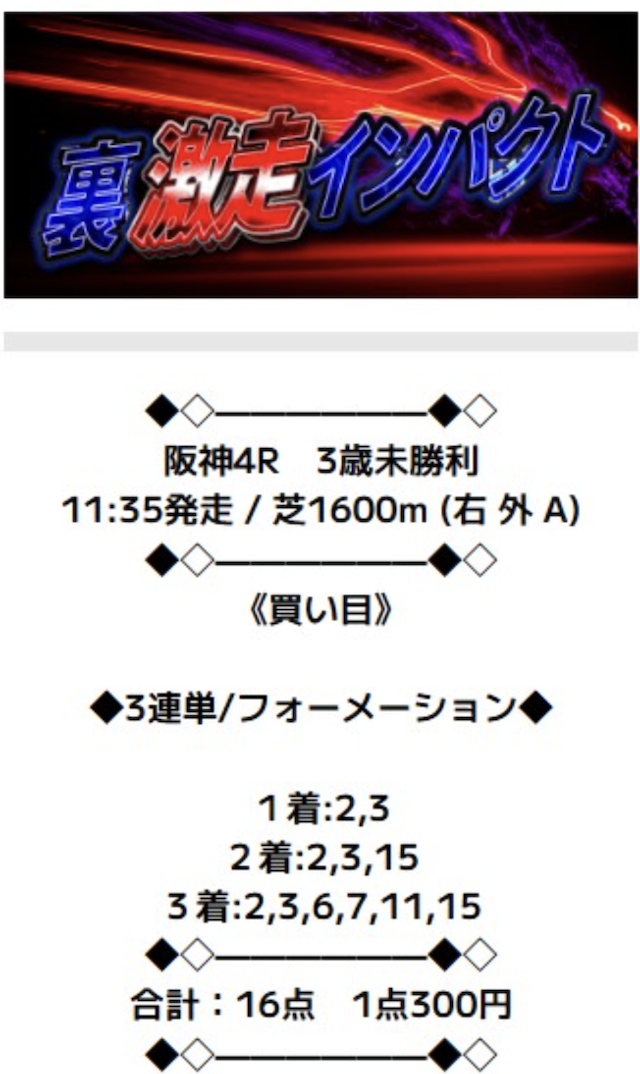 ニジュウマルという競馬予想サイトの「裏激走インパクト」という有料予想の買い目画像