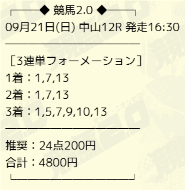 競馬2.0という競馬予想サイトの有料予想の買い目画像