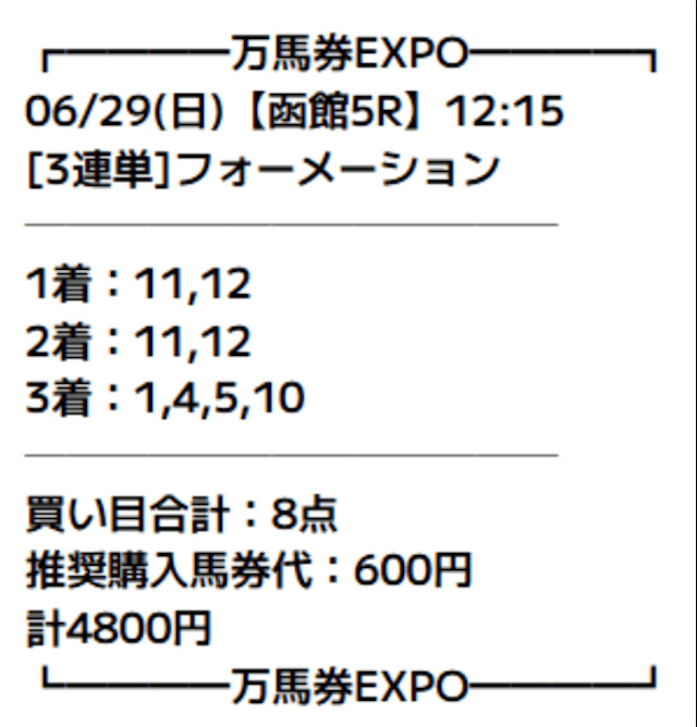 万馬券EXPOの有料予想の買い目画像