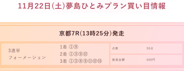競馬クイーンの夢島ひとみという有料予想の買い目画像