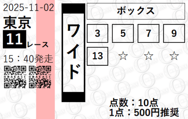 オマカセ(OMAKASE)という競馬予想サイトの無料予想の2025年11月2日東京11Rの買い目画像
