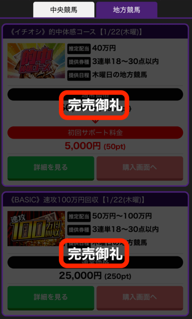 競馬裏街道の有料予想の完売の画像