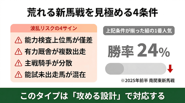 地方競馬新馬戦で荒れる展開を示す4つの波乱リスクサイン。条件が揃った組の1番人気勝率24%を示すインフォグラフィック(2025年前半南関東新馬戦)