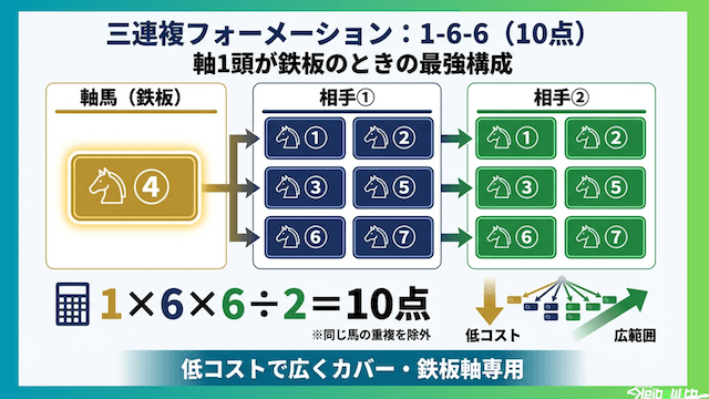 三連複フォーメーション最強:1-6-6(10点):軸1頭が鉄板のときの最強構成