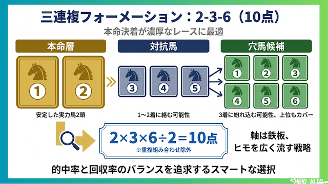 三連複フォーメーション最強:2-3-6(10点):本命決着が濃厚なレースに最適