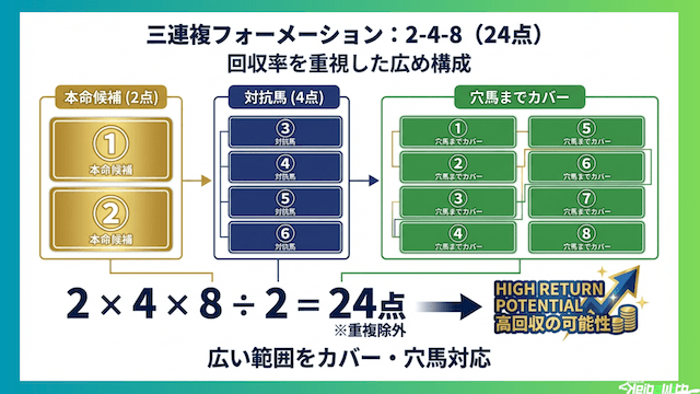 三連複フォーメーション最強:2-4-8(24点):回収率を重視した広め構成