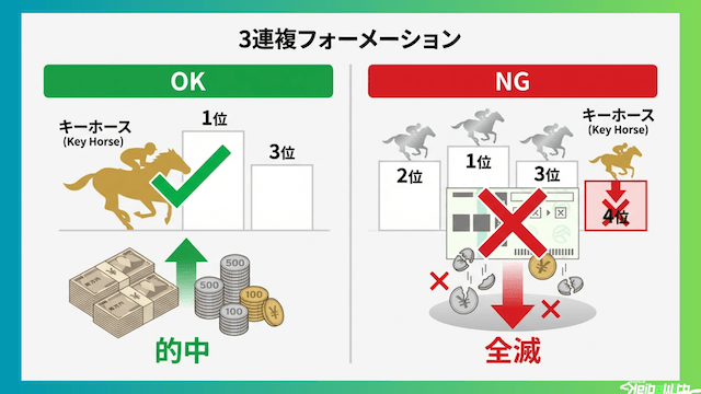 三連複フォーメーション最強:軸馬が飛んだら全額ハズレになる「最大の弱点」
